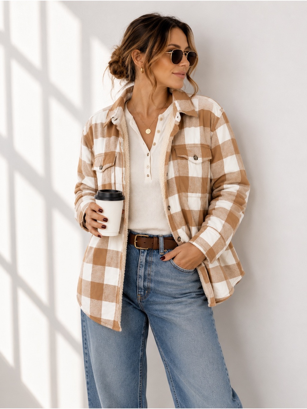 Natural Reflections Sherpa Lined Shacket Tan White Buffalo Plaid Large